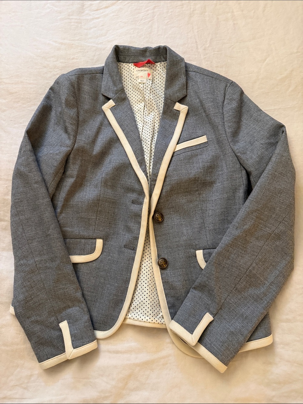 J.Crew Crewcuts Girls Gray Blazer with Cream Trim and Polka Dot Lining size 14